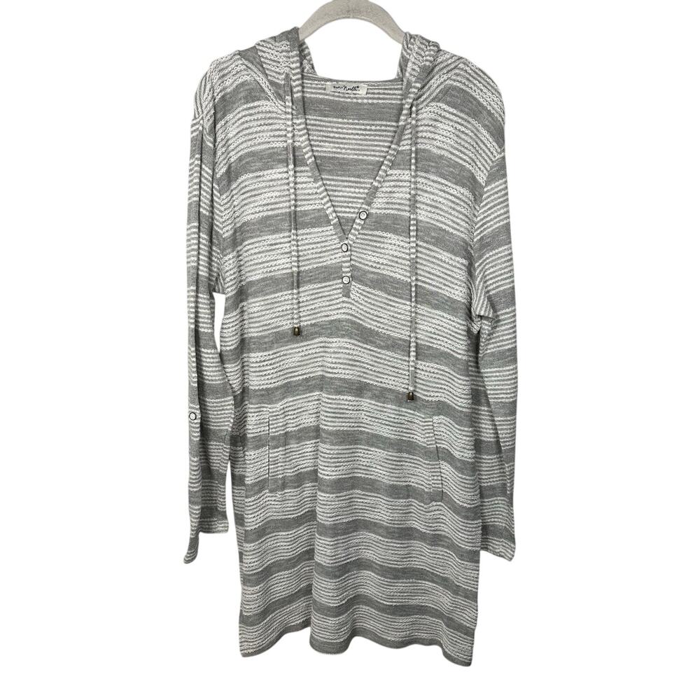 Simply Noelle White & Gray Striped Cotton Knit Swimsuit Cover Up Women's Medium